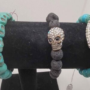 3 Stretch bracelets turquoise, black, rhinestone skulls